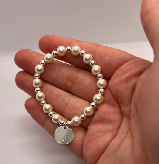 Elasticated Sterling Silver and Pearlescent Bracelet with Round Initial Tag